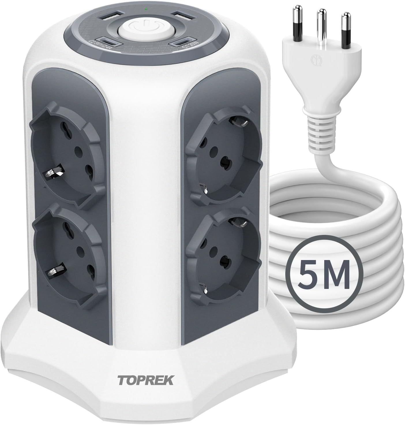 Multiprise Verticale Avec 8 Prises Universelles Ita 10/16A Et Schuko Et 2 Usb C Et 2 Usb A (Usb-C1 20W Pd3.0 Charge Rapide), Câble 5M, 4000W/16A, Multiprise Avec Interrupteur, Gris Foncé