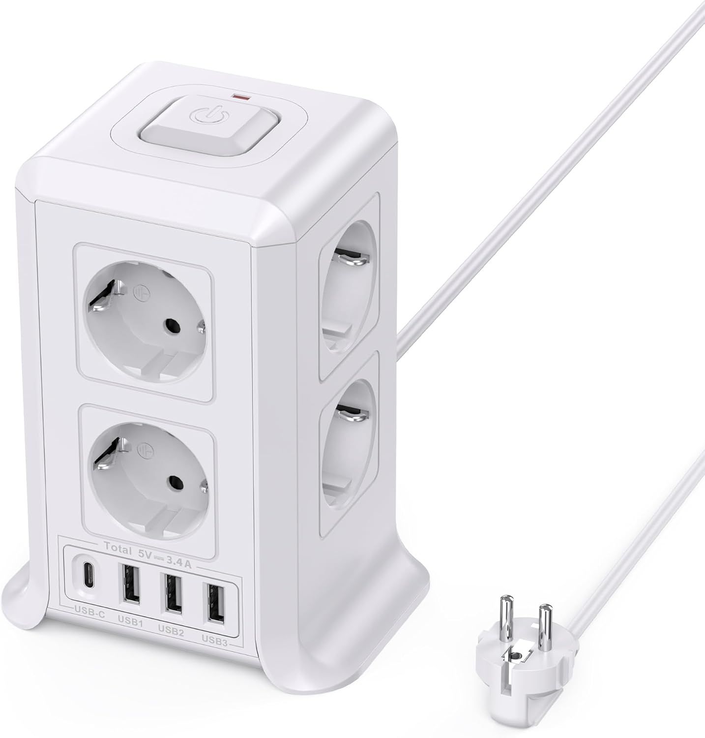 Multiprise Avec Interrupteur, Tour Multiprise 8 Prises Et 4 Usb¿3 Usb-A&1 Usb-C Max 5V/3.4A, Multiprise Parafoudre Et Surtension, 5M Câble À La Maison Et Au Bureau