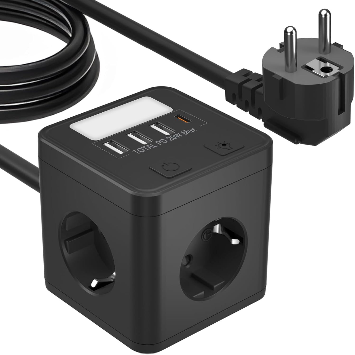 Multiprise 4 Prises Avec Usb C Pd 20 W, Cube De Prise Usb Avec Veilleuse, Multiprise Cube Avec Interrupteur, Multiprise Pour La Maison, Le Bureau, Câble De 1,5 M, Noir