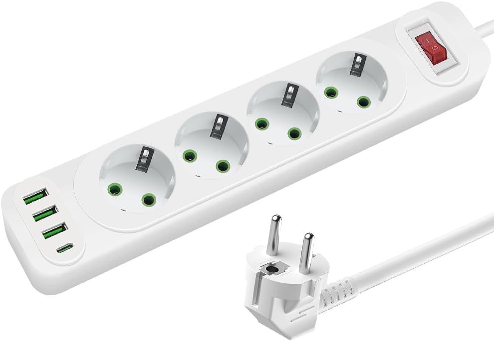 Multiprise, Prises, Avec 4 Ports Usb Chargeur, Multiprise Prises Protection Surtension Et Interrupteurs, Câble 2 M, Pour Maison, Bureau-Blanc