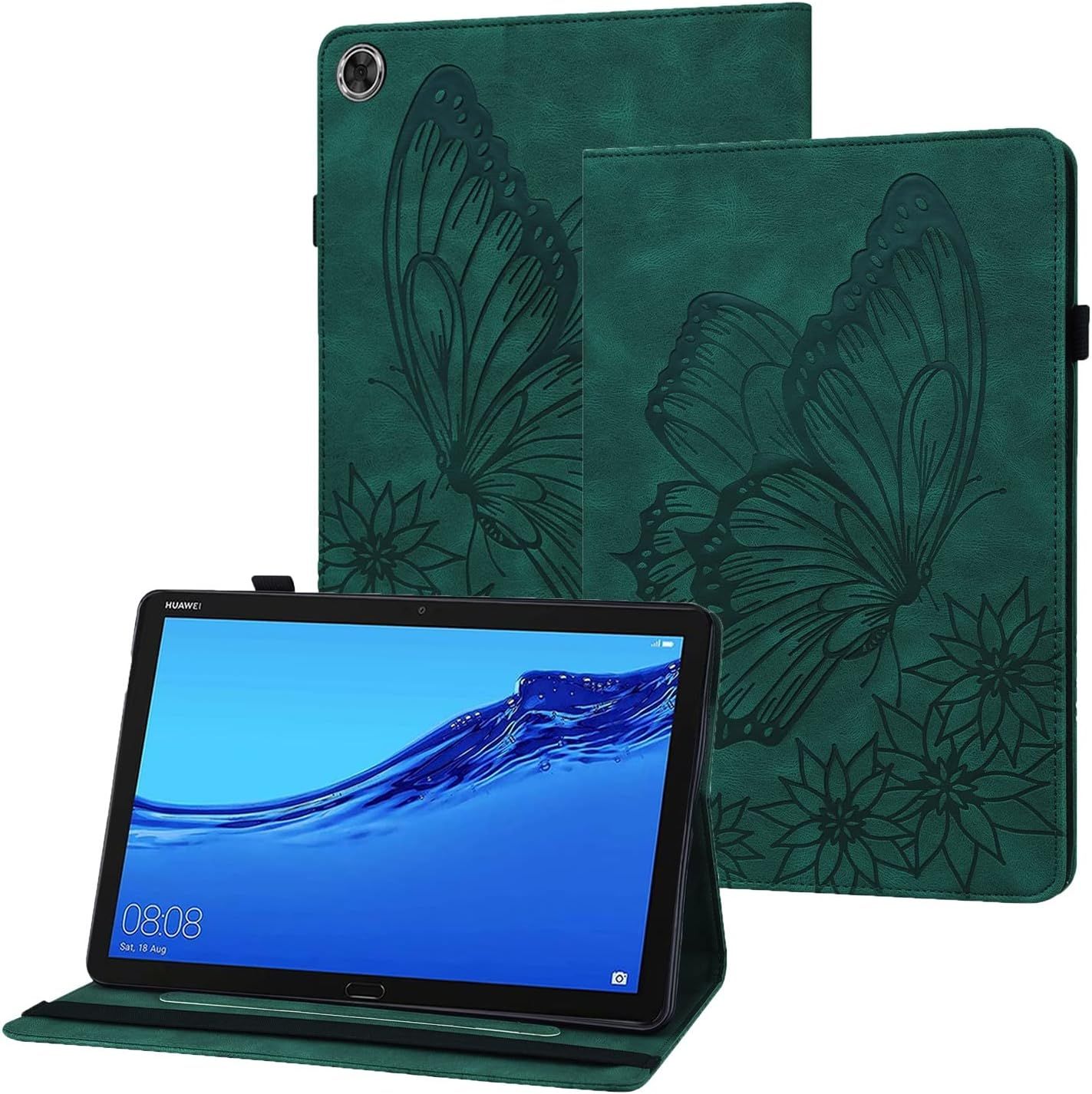 Coque Huawei M5 Lite 10.1" Papillon En Relief Etui En Cuir Pu Portefeuille Porte-Stylo Tablette Housse De Protection Pour Huawei Mediapad M5 Lite 10.1 Pouces Bah2-W19 Bah2-L09 - Vert Foncé