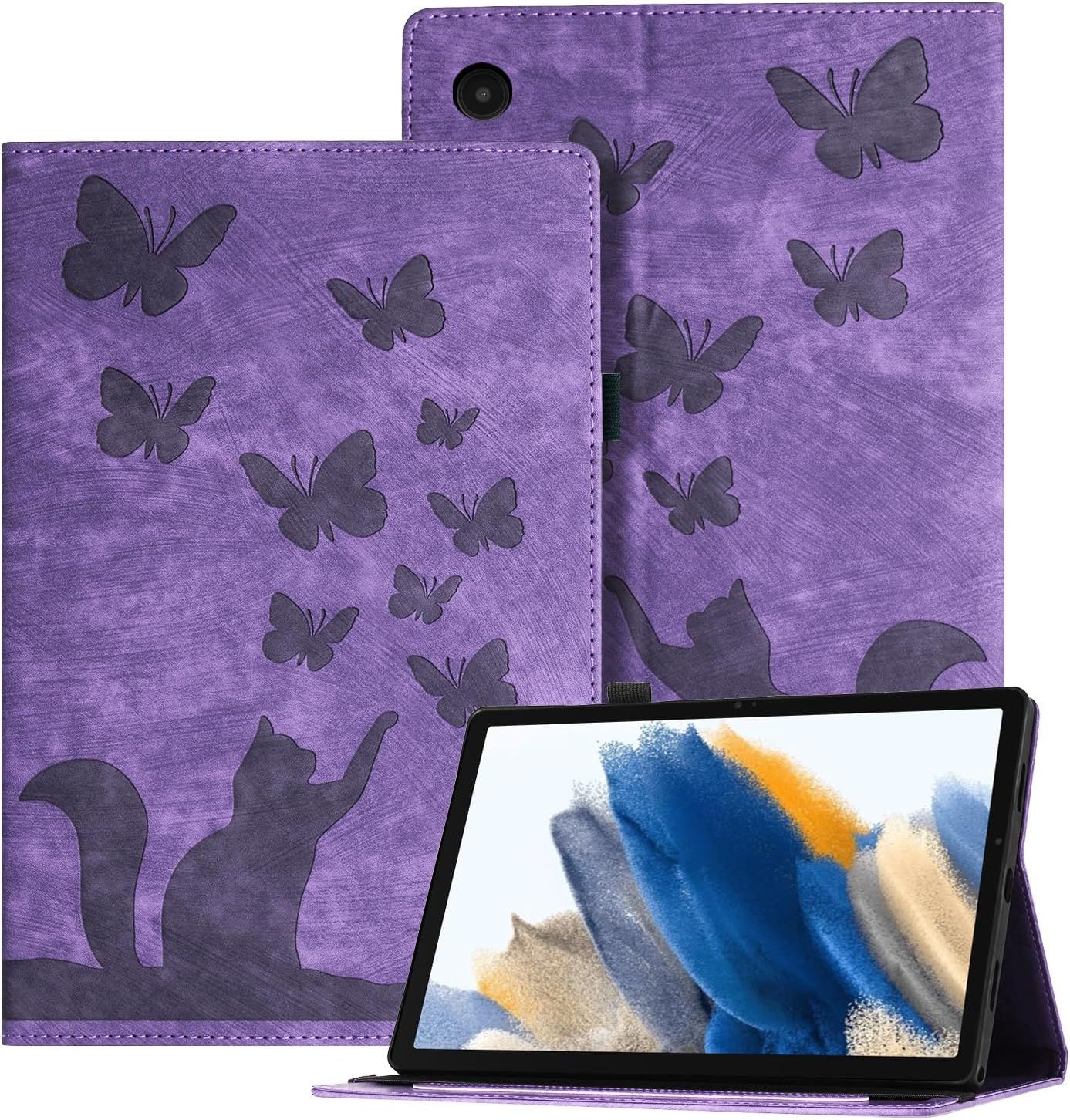 Coque Tablette Samsung Tab A8 (2021) 10.5"" En Relief, Étui Pour Tablette En Cuir Pu Rétro Sur Le Thème Des Papillons Et Des Chats Pour Sam Tab A8 (2021) 10.5"", Violet