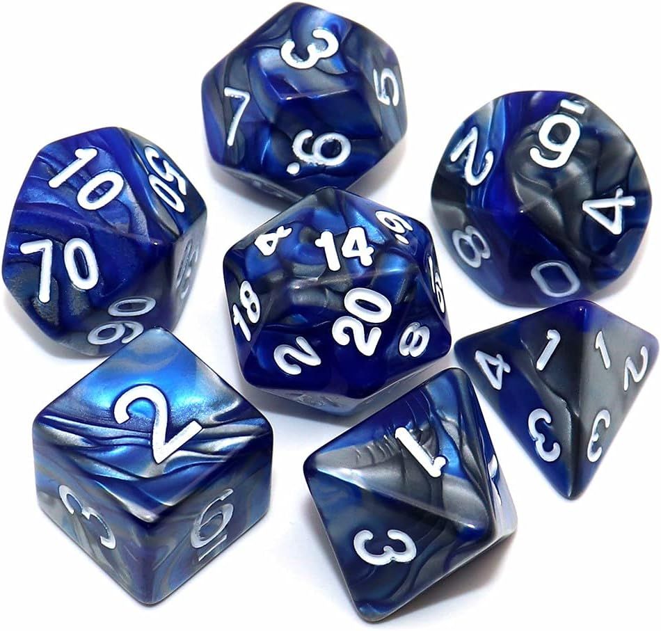 Lot De 7 Dés Polyédriques Pour Jeux De Rôle Dungeon And Dragons Mtg D20 D12 D10 D8 D6 D4 Bleu Avec Argent