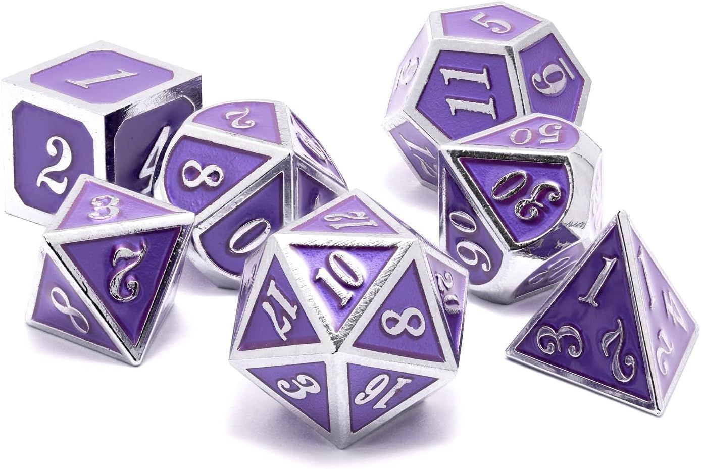 Dnd D&d Jeu De Dés Polyédriques En Métal - Pour Jeu De Rôle Donjons Et Dragons, Jeu De Table, Warhammer, Pathfinder, Shadowrun Rpg, Mtg - D20 D12 D10 D8 D6 D4 (Violet Argenté)