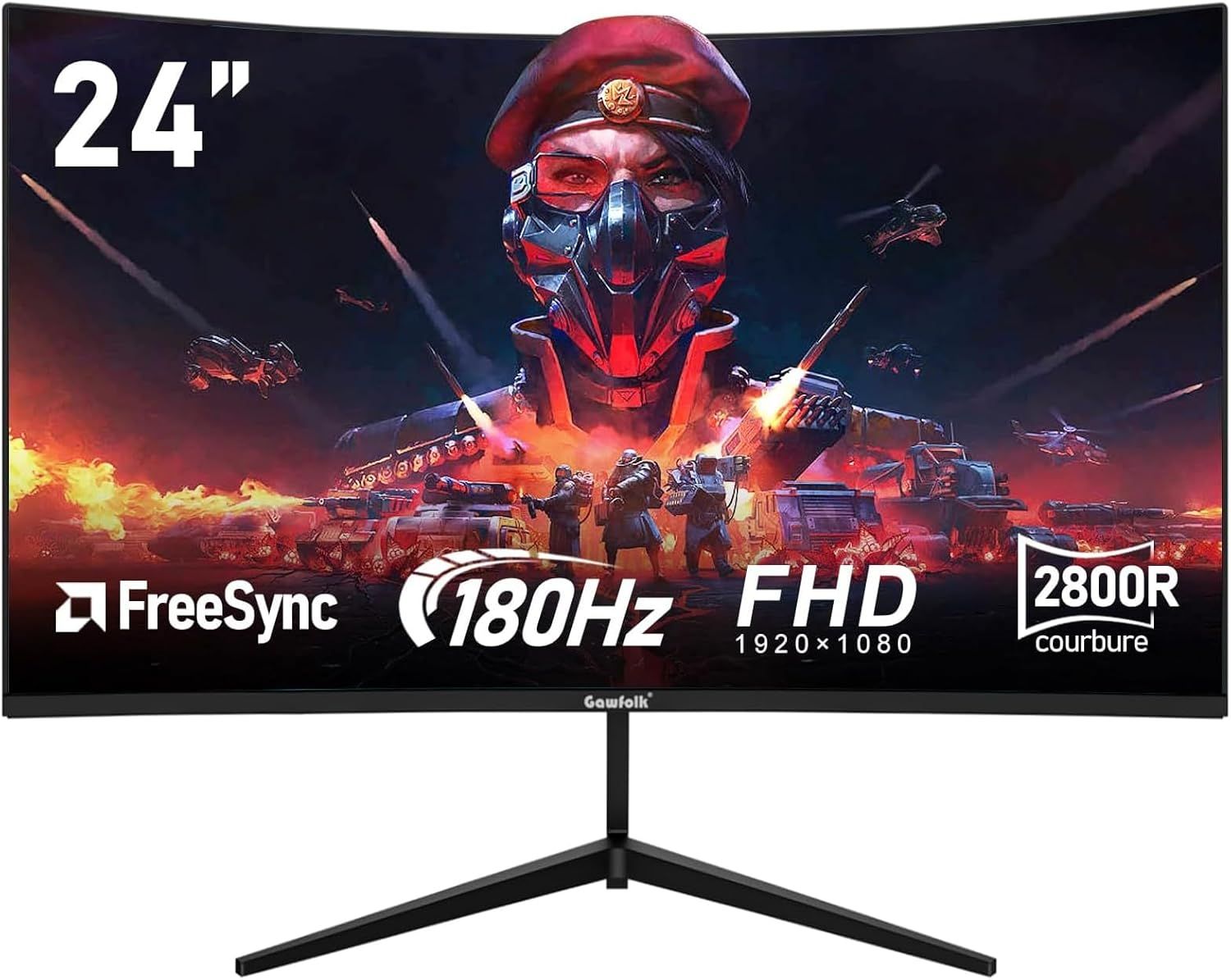 Écran PC 24 Pouces incurvé Gaming Moniteur 180hz,fhd 1080p 1ms sans Lunette,freesync,100% sRGB,178 ° Angle Vue HDMI DisplayPort,Compatible avec Mural VESA75*75MM-Noir