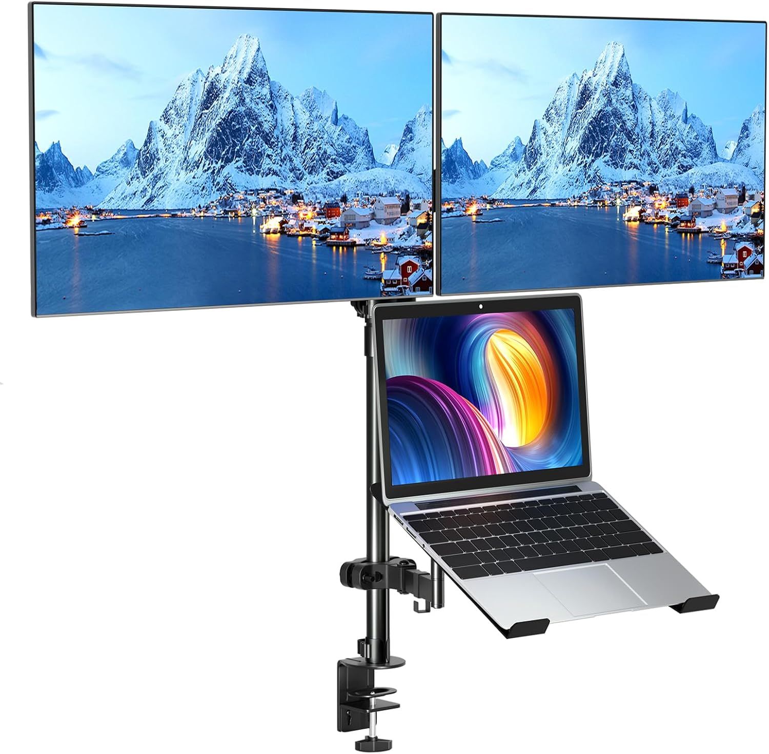 Double Bras de Ecran PC avec Plateau,Entièrement Réglable pour Ecran LED LCD de 17 à 32 Pouces et Ordinateur Portable jusqu'à 17¿,Inclinaible Pivotant et Rotable,2 Options de Montage