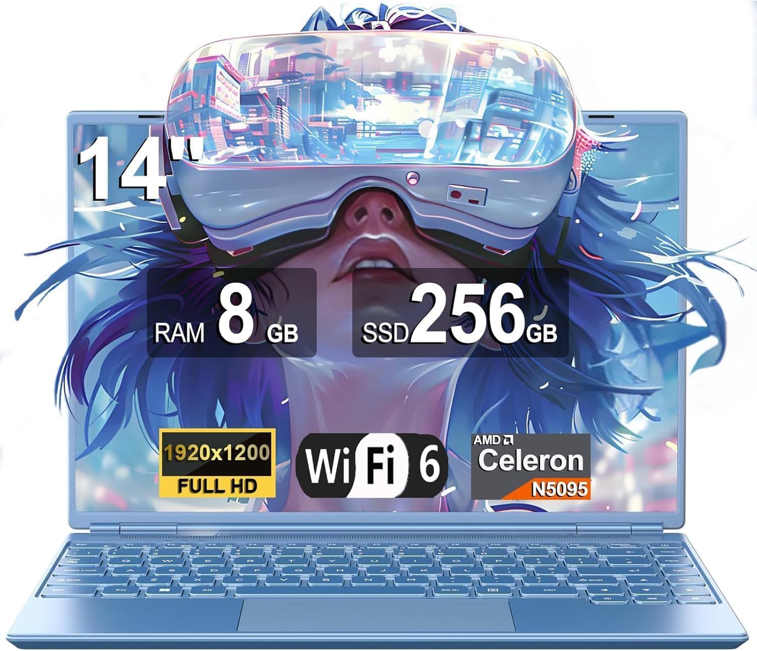 Ordinateur Portable 4 c?urs Win 11 Celeron N5095(jusqu'à 2,9 GHz),8Go RAM 256Go SSD 1 To Expand PC Portable gamer 14 Pouces avec Ventilateur 1920x1200 Écran FHD 2K Prise en Charge 5G WiFi BT4.2-Bleu