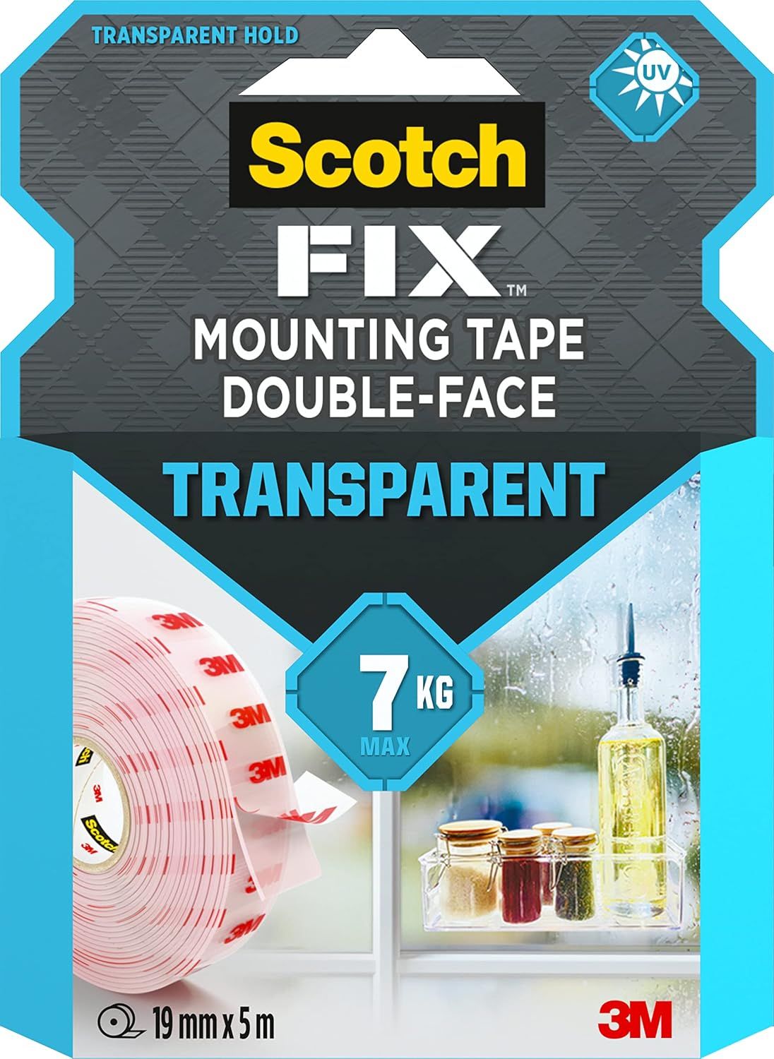 Scotch-Fix Ruban Adhésif Double Face, Transparent - 1 Rouleau 19 Mm X 5 M - Pour Utilisation Intérieure - Fixation Sans Dommage - Supporte Jusqu'À 7 Kg