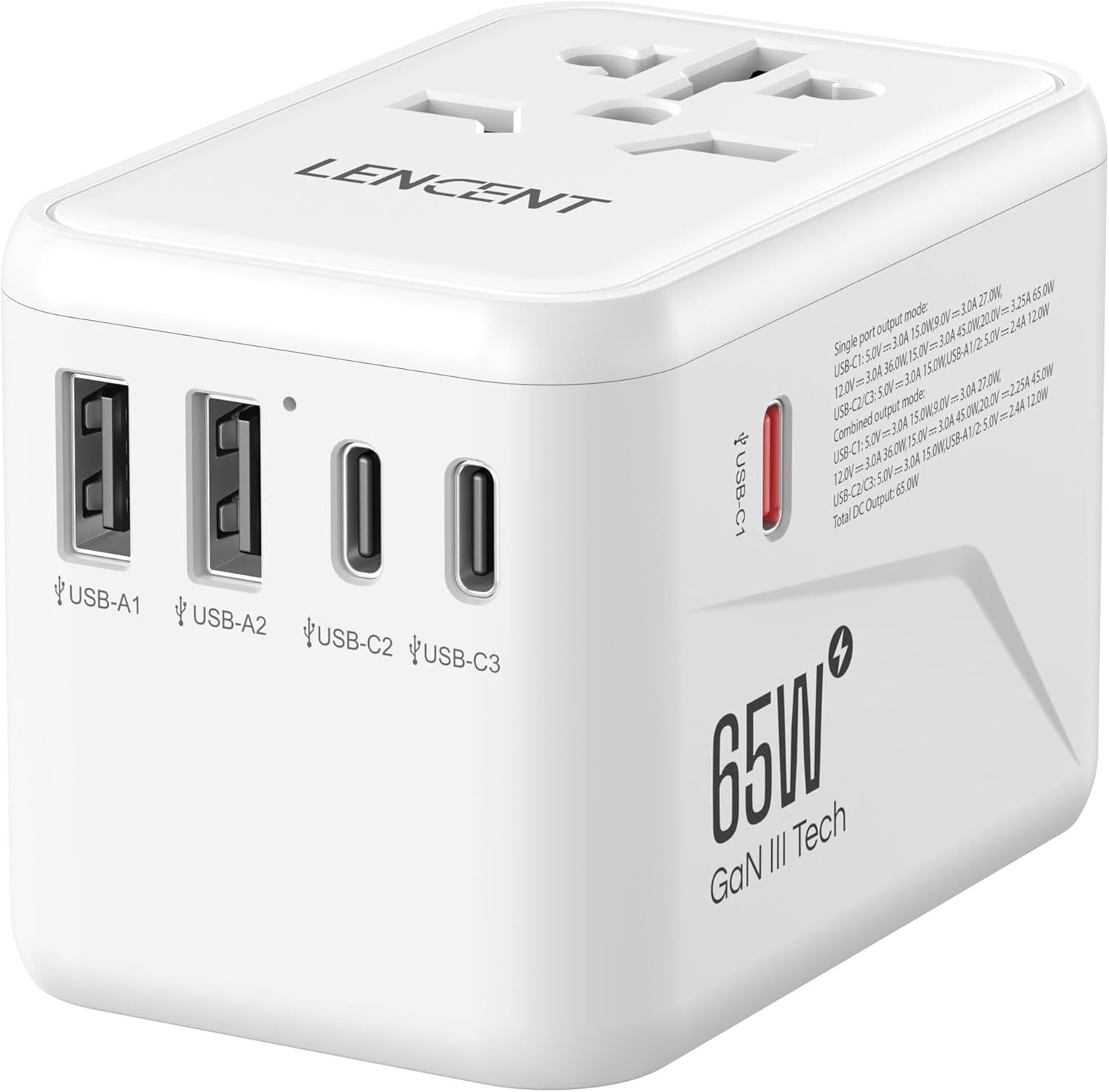 LAdaptateur de Voyage Prise Universelle Chargeur International GaN III 65W avec 2 USB & 3 USB-C PD Adaptateur International France vers USA Canada UK AUS Chine Japon Prise Monde Type A C G I