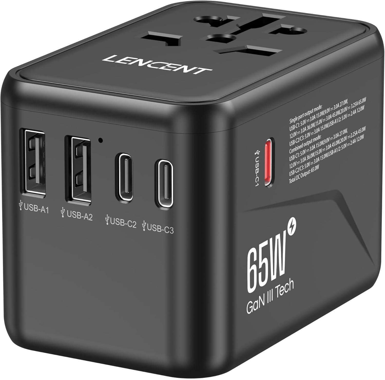 LAdaptateur de Voyage Prise Universelle Chargeur International GaN III 65W avec 2 USB & 3 USB-C PD Adaptateur International France vers USA Canada UK AUS Chine Prise Monde Type A C G I Noir