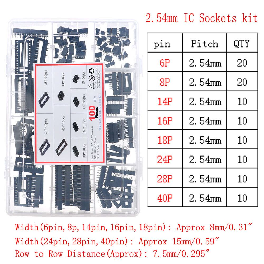 puce de circuit intégré IC,WieshammKit,jeu de douilles IC,série logique CMOS commune,4000,4500,74HC,74LS - Type 100Pcs IC Sockets