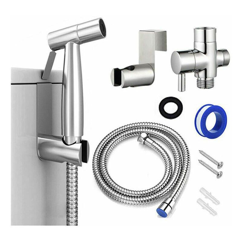 Kit Douchette wc,Pomme de Douche Pour le Nettoyage de la Salle de Bain, Pulvérisateur pour L'hygiène Personnelle Quotidienne, Jeu de Tuyaux Mural (Argent)