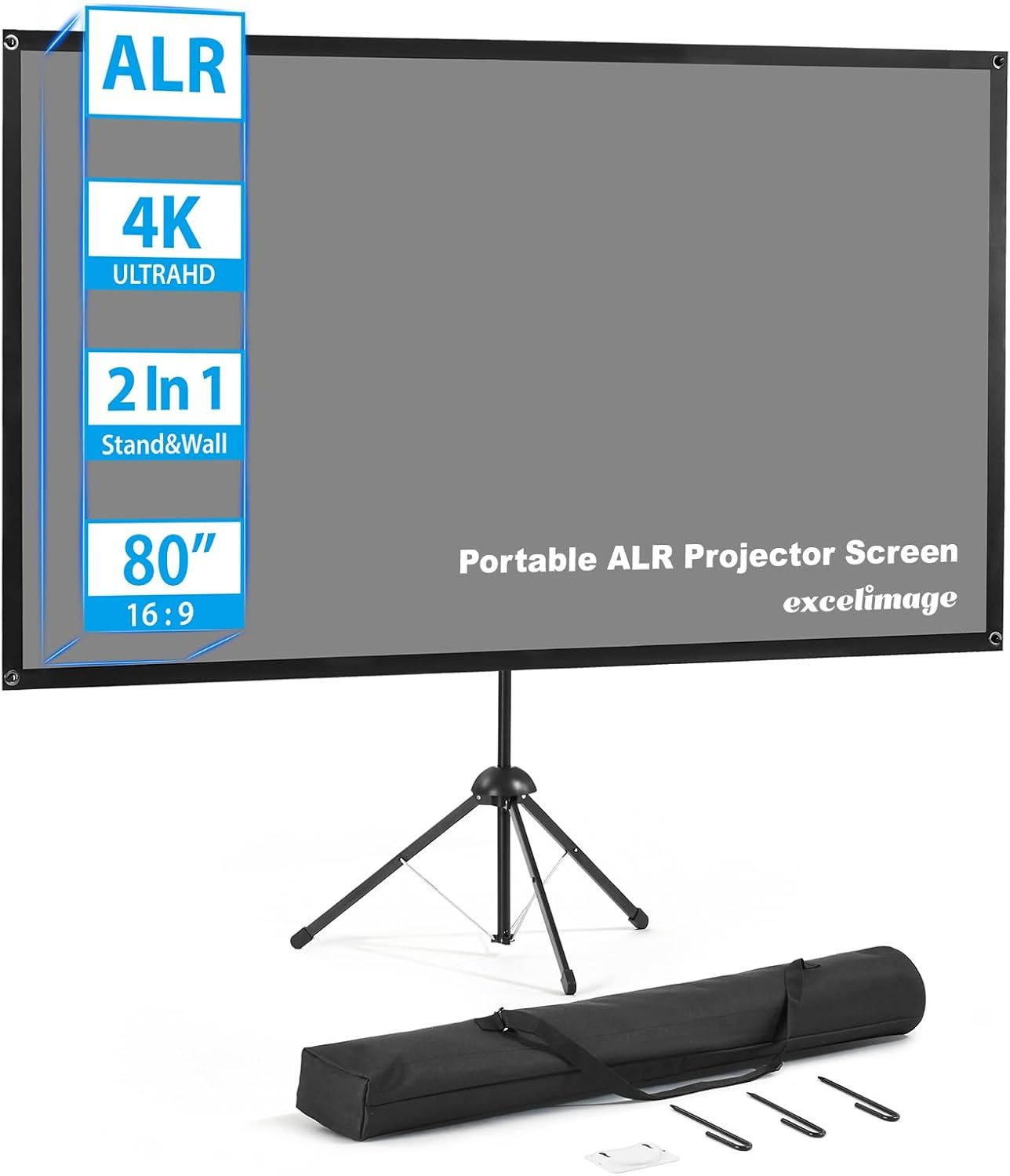 Écran de projection avec trépied, écran de projection ALR, 80 pouces 16:9, portable, contraste élevé, travail en lumière ambiante, installation facile, idéal pour le home cinéma, les films