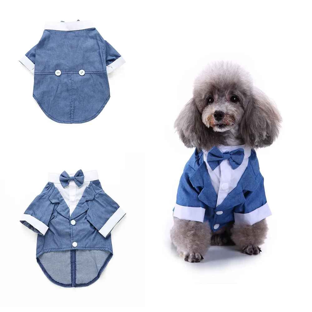 Vêtements Pour Chien Gentleman,Tenue De Mariage Pour Chien,Joli Manteau Pour Animal De Compagnie,Smoking Rayé Imbibé,N?ud,Bouledogue Français,Costume D'halloween - Type Blue-Xl