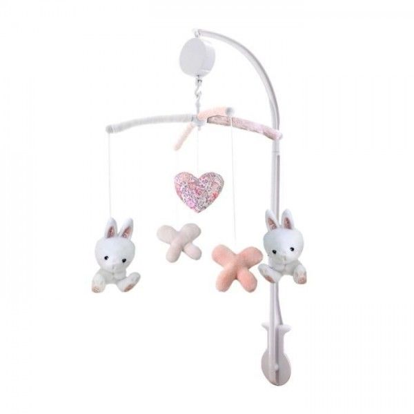 Domiva - Domiva Mobile Musical Lapinou - Arche Pvc - Peluches Amovibles - Blanc/Rose - 34 X 65 Cm