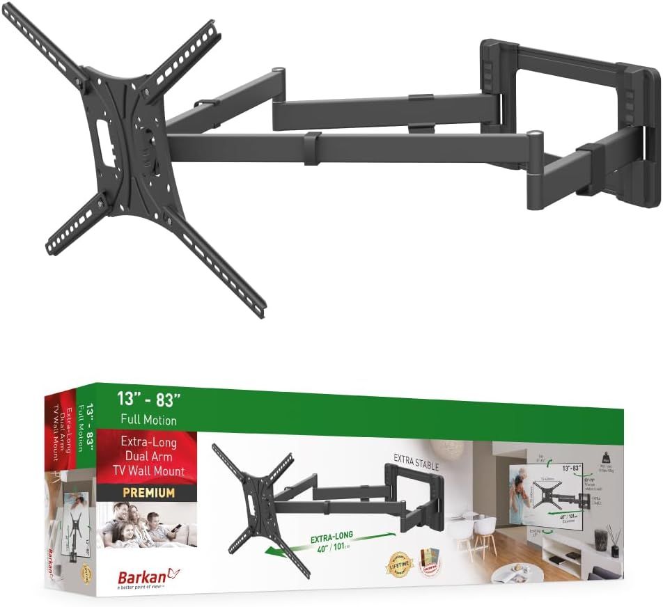 Support Mural pour TV de 101 cm de Long - Double Bras de 13 à 83"" - Orientable/Mouvement Complet - Plat et incurvé - Supporte jusqu'à 50 kg - Extra Stable - pour écran LED OLED LCD - VESA Max.