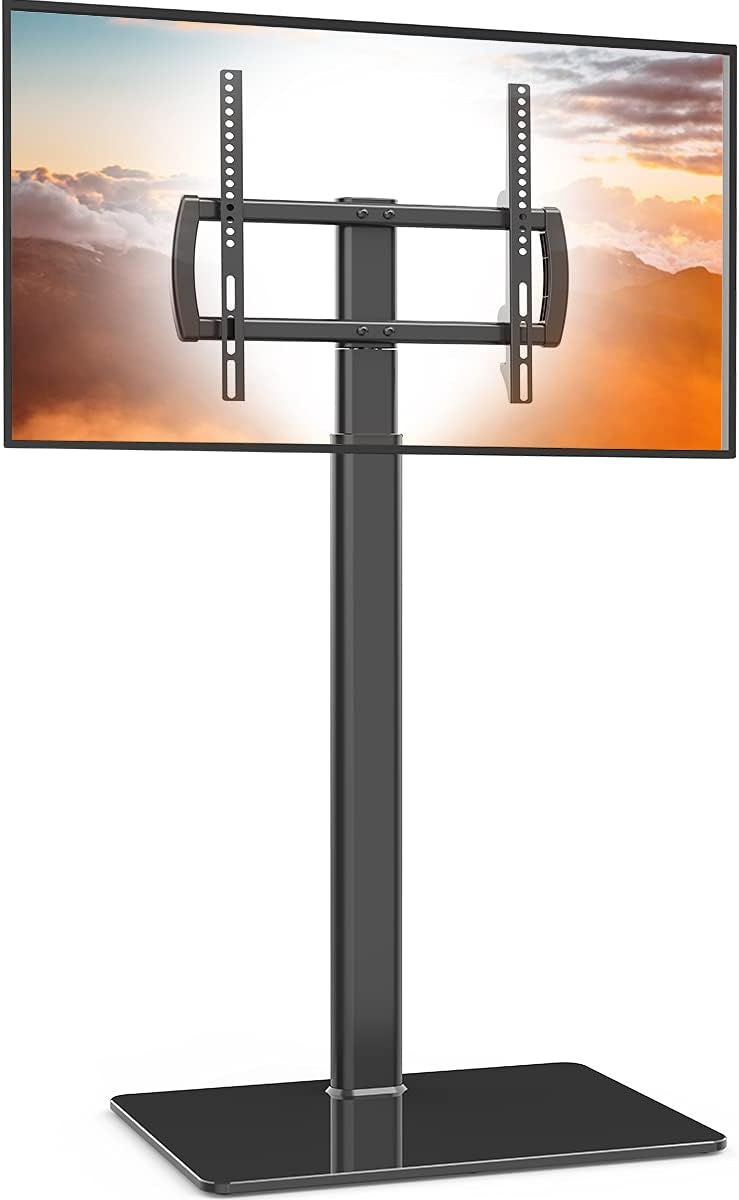 Support TV Universel sur Pied, pivotant à 80°, réglable en Hauteur, Peu encombrant pour TV, LCD, LED, OLED de 27 à 55¿¿, Parfait pour Le Coin d¿Une pièce ou Une Chambre à Coucher