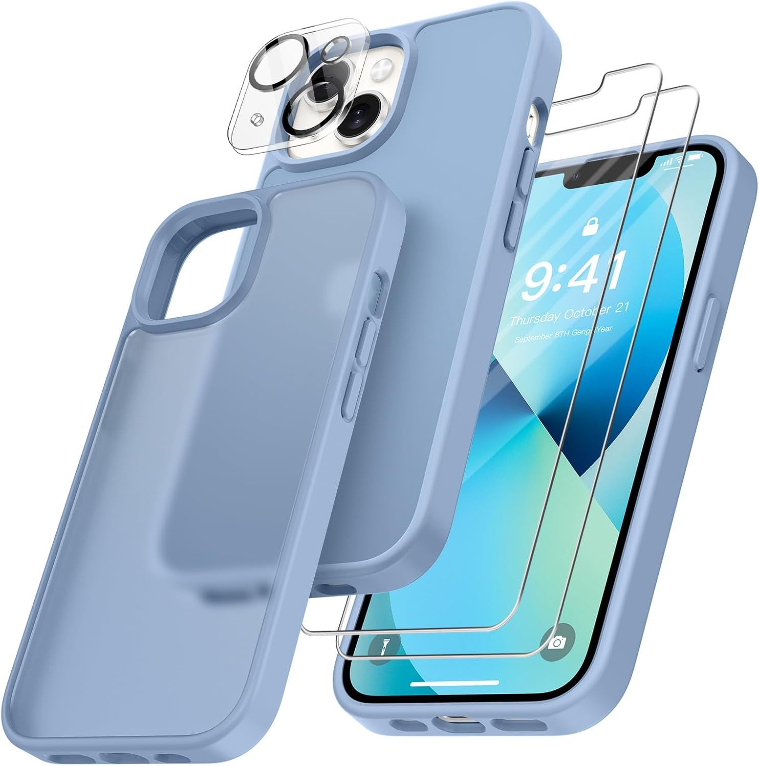 4 En 1 Coque Pour Iphone 13 Avec 2 Verre Trempé Et 1 Caméra Protecteur, [Protection Militaire] Antichoc Antirayures Etui Translucide Mat Protection Housse Pour Iphone 13, Bleu Clair.[V312]