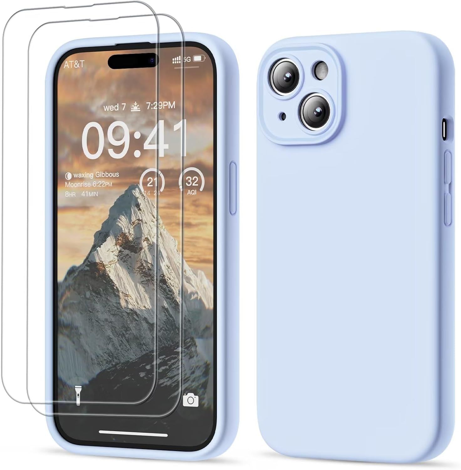 3 En 1 Coque Iphone 15 Silicone Liquide - Avec 2 Verre Trempé - Étui Protection Précise De Caméra [Résistant Aux Rayures] [Antidérapant] Iphone 15 Case 6.1"", Bleu Ciel.[V2736]