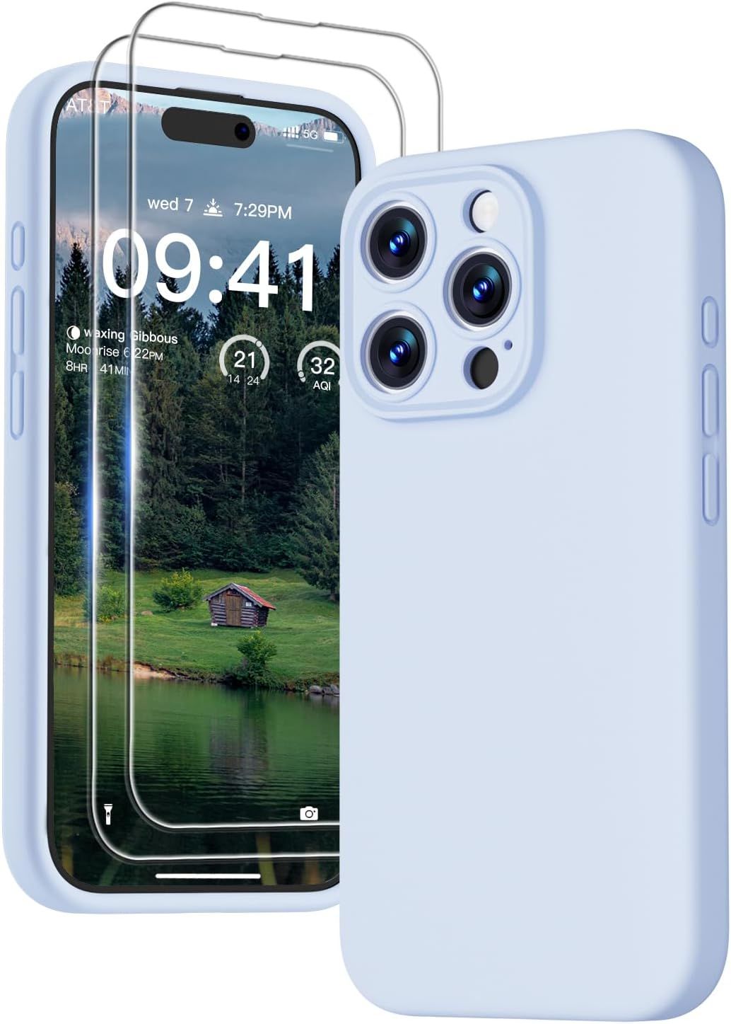 3 En 1 Coque Iphone 15 Pro Max Silicone Liquide - Avec 2 Verre Trempé - Étui Protection Précise De Caméra [Résistant Aux Rayures] [Antidérapant] Iphone 15 Pro Max Case 6.7"", Bleu Ciel.[V2739]