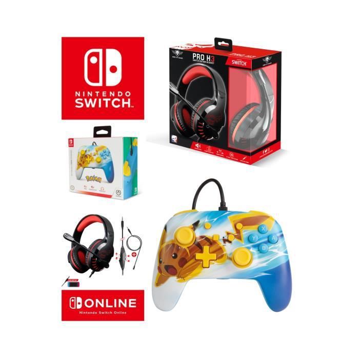 Pack Manette Switch Filaire Nintendo Pokémon Pikachu Charge Officielle + Casque Gamer Pro H3 Rouge Spirit Of Gamer Switch