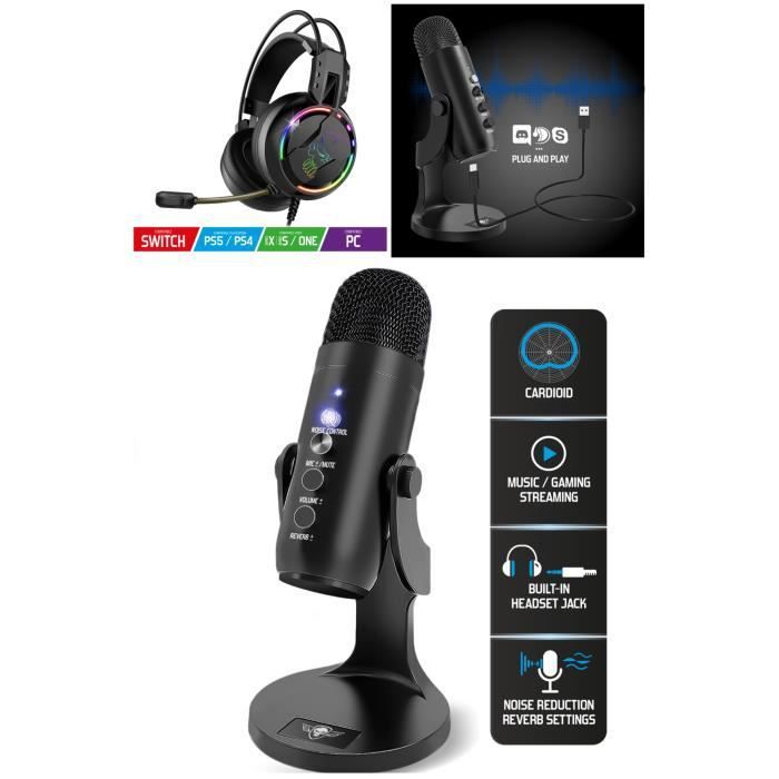 Microphone Streaming Music Gaming EKO700 CARDÏODE Podcasting Voix-off et instruments de musique + Casque Gamer PRO H7 SWITCH PC XBOX