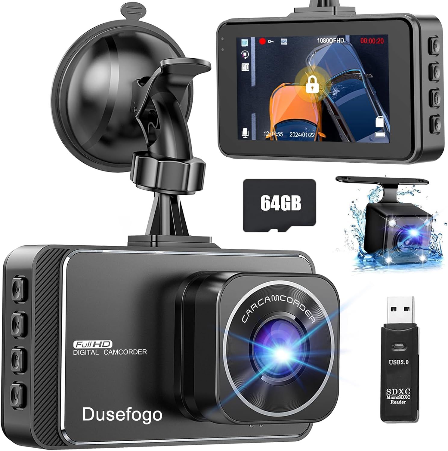 Dashcam Voiture Avant Arrière 1080P+720P,3"" FHD Écran Camera Voiture,360 Degrés Caméra Embarquée pour Voiture avec Carte SD 64 G,Grand Angle 170°,Vision Nocturne,Capteur G(Q5)