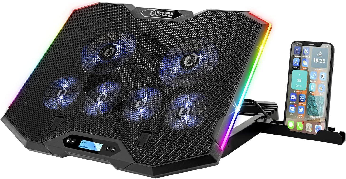 Guardian S-C100 Refroidisseur PC Ordinateur Portable RGB Gamer - 6 Ventilateurs - Contrôleur LCD - 5 Hauteurs Réglables - Compatible 12¿¿ à 17¿¿- Support Amovible, Intel, Air, Noir.[V586]