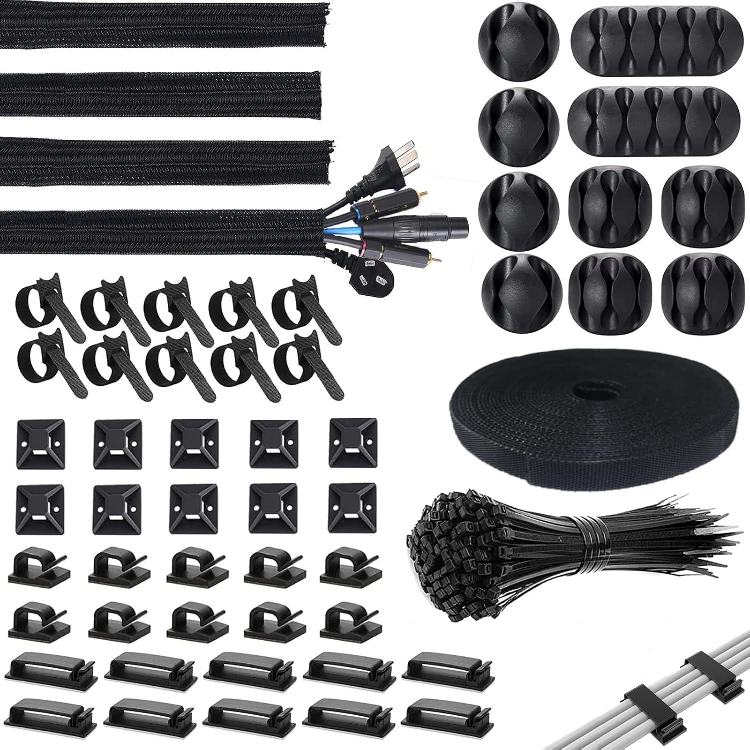 155 Pièces Kit De Gestion De Câbles, 10 Attaches Câble, 1 Rouleau De Ruban, 4 Manchons De Gaine Câble, 100 Attaches De Câble En Nylon Et 30 Clips Câbles, Pour Cable Management Bureau