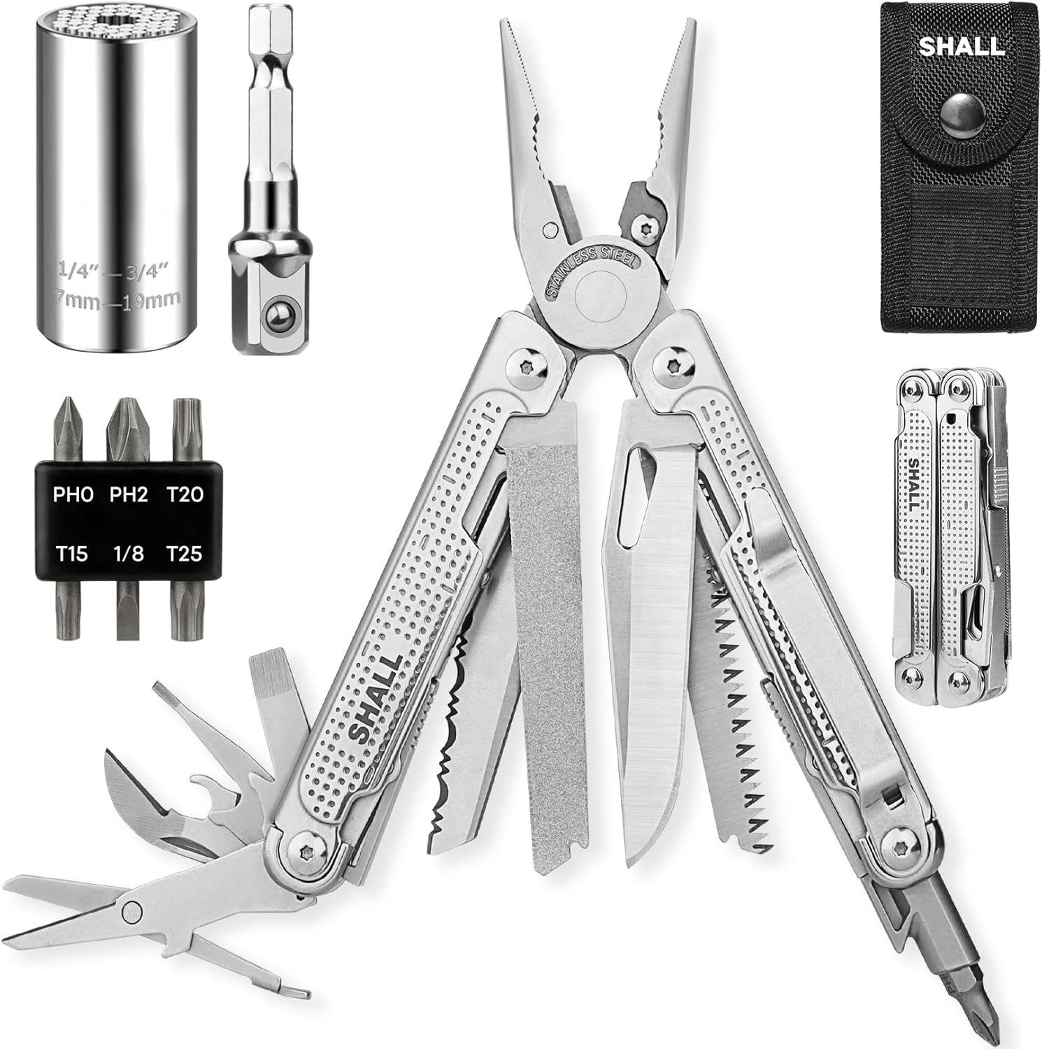 Multi Tool, Pince multi-outils 18 en 1, Couteau de poche multi-outils en acier inoxydable avec embout de tournevis et douille universelle, pour le camping, la pêche, la survie, la chasse(Q6)