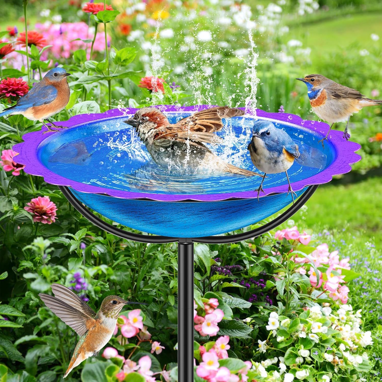 Bain D'Oiseaux,Abreuvoir Oiseaux Exterieur Métal,Bains Pour Oiseaux Sauvage,Mangeoire Oiseaux Exterieur,Bain D'Oiseaux Sur Pied,Bain D'Oiseaux Jardin Decoration (Bleu-Violet)