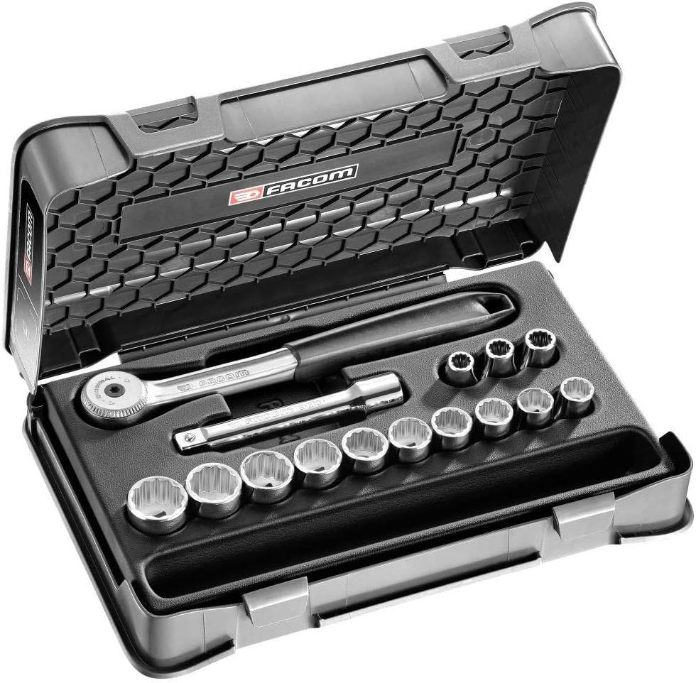 Coffret Douilles 1/2"" 12 Pans Métriques 15 Pièces-S.151-1P12-Coffret À Douille-Outillage Mécanique-1 Cliquet,13 Douilles,1 Rallonge 1 Planche De Pictogrammes,1 Coffret Et 1 Plateau