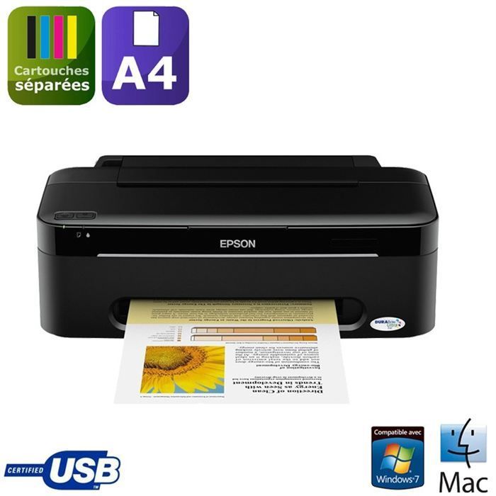 Epson Stylus S22 Imprimante couleur jet d'encre A4Legal 5 760 x 1 440 ppp jusqu'à 28 ppm mono / jusqu'à 15 ppm couleur capacité : 100 feuilles USB