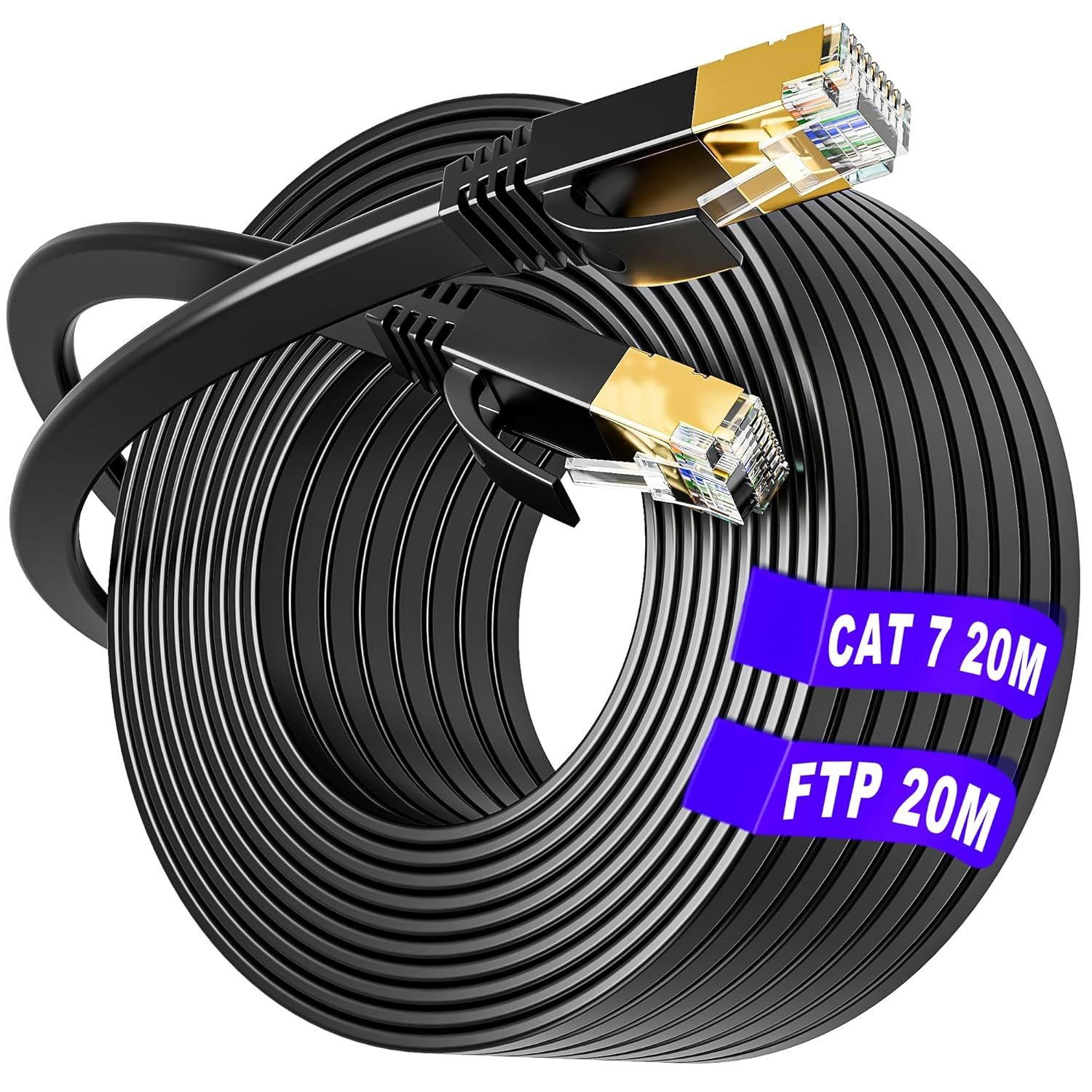 Cable Ethernet 20m Blindé, Cat 7 Cable 20m Plat RJ45 Câble Réseau Haut Debit Fiber, Câble LAN Internet Gigabit 10Gbps 600MHz S/FTP Ethernet Câble Compatible avec Routeur Switch Modem PC Xbox(20.[G579]