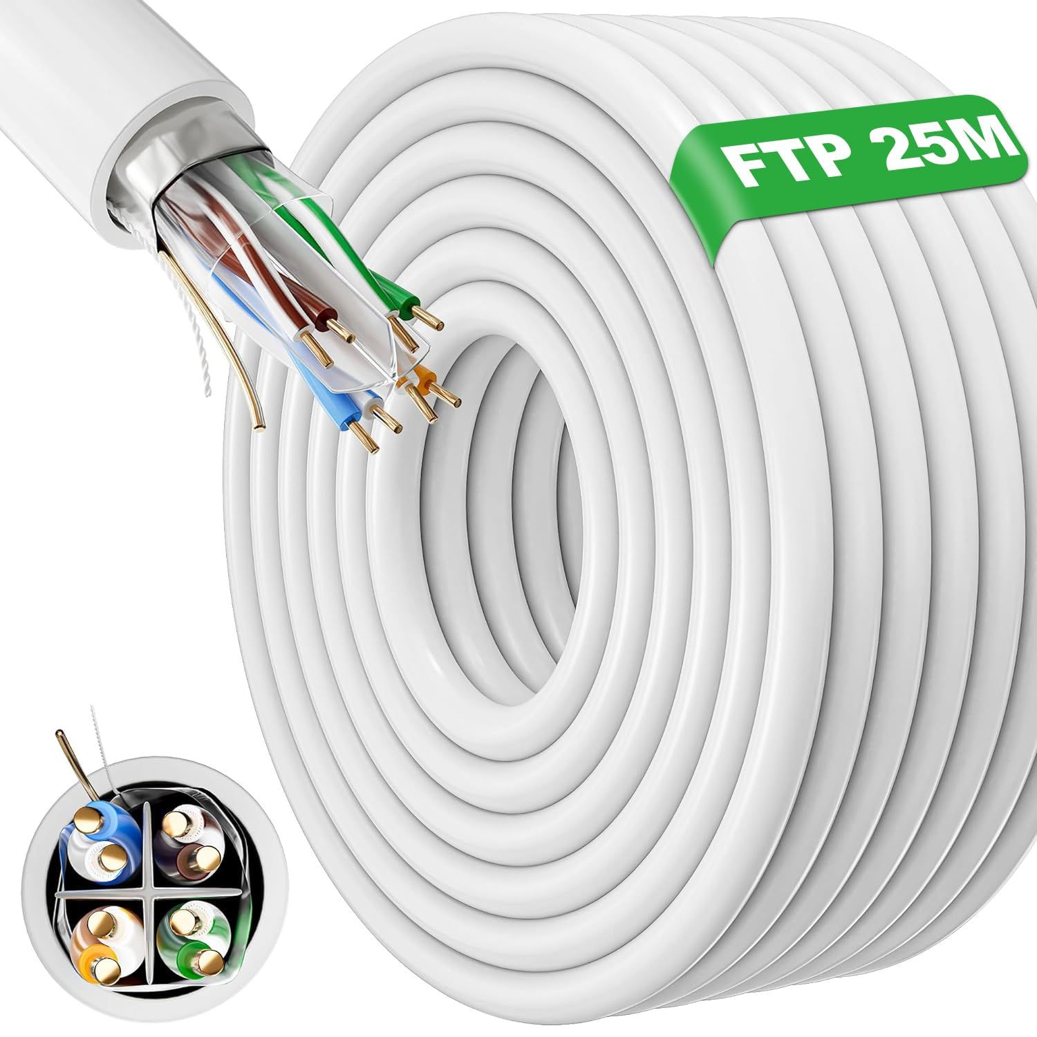 Cable Ethernet 25M, Cat 6 Cable Rj45 25M Ftp Blindé Câble Réseau Extérieur Intérieur, Haute Vitesse Câble Ethernet Imperméable Anti-Interférence[Q3617]