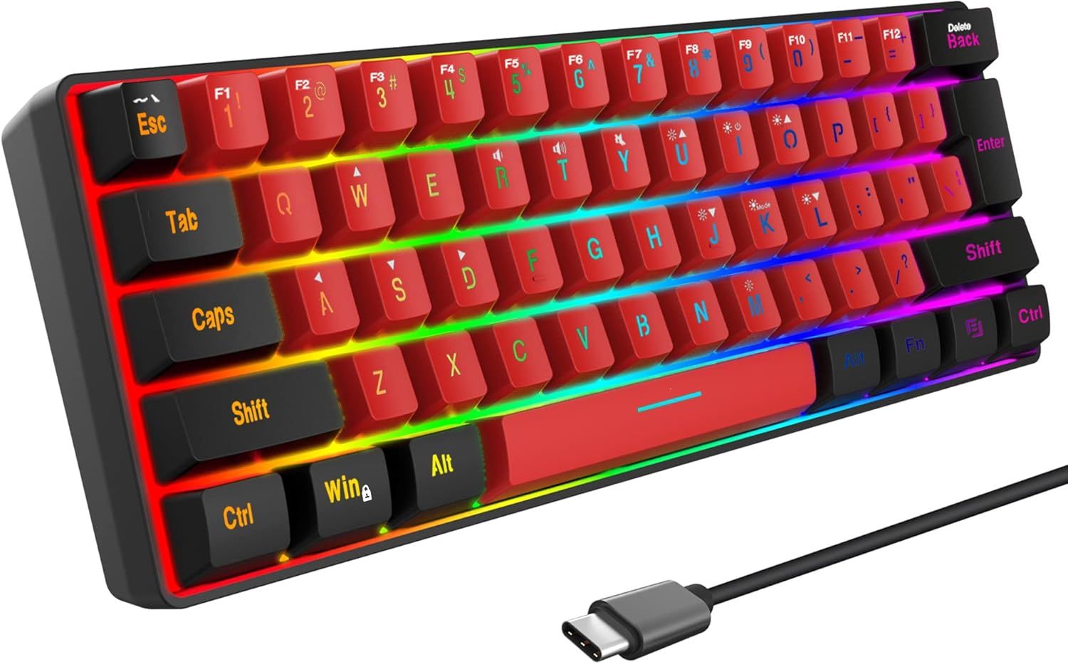 CLAVIER GAMING 60% QWERTY NOIR ET ROUGE FILAIRE RGB RÉTRO-ÉCLAIRÉ, CLAVIER GAMER MINI ULTRA-COMPACT À 61 TOUCHES POUR GAMING, PC/MAC, DACTYLOGRAPHE, VOYAGE[CLA170058]