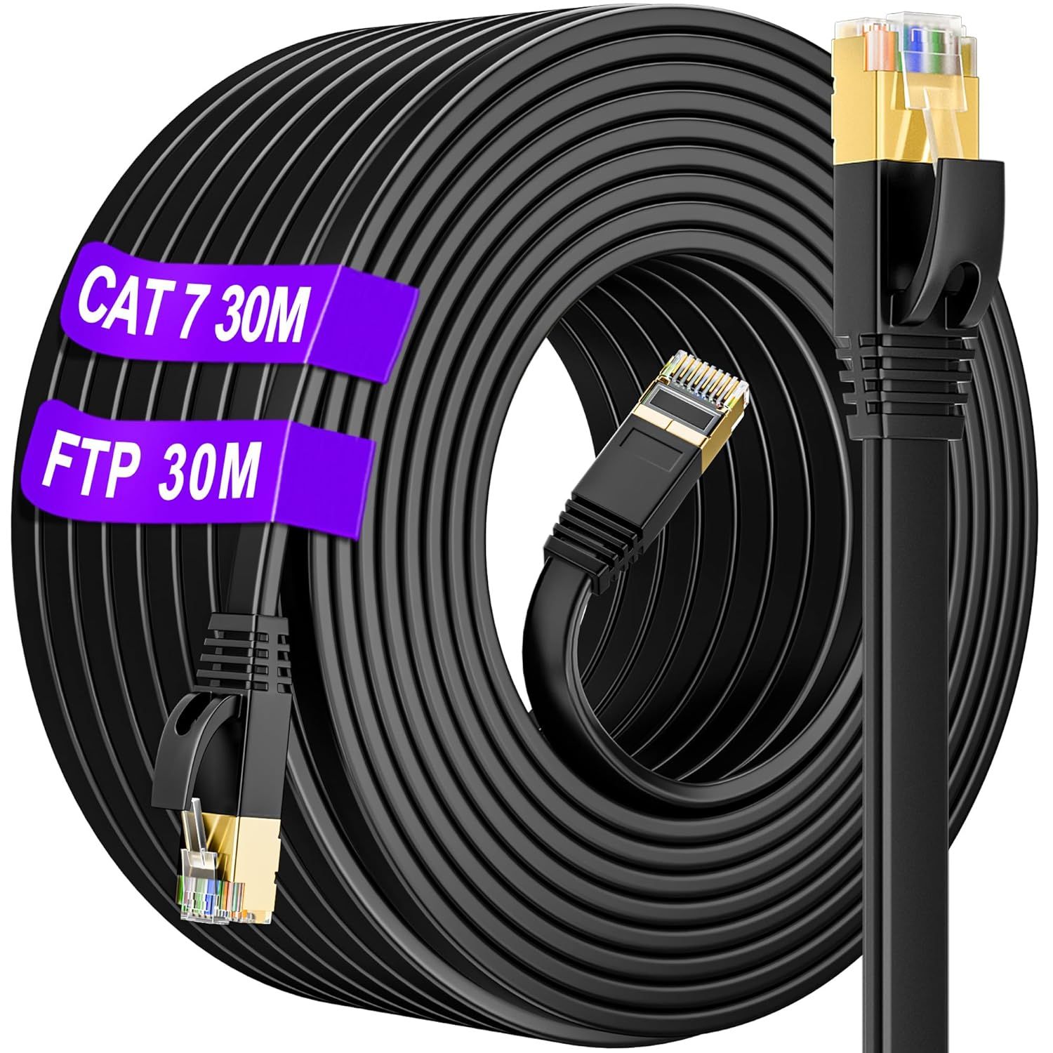 Cable Ethernet 30m Blindé, Cat 7 Cable RJ45 30m Plat, S/FTP Haut Débit Câble de Réseau 10Gbit/s 600MHz, Résistant aux Intempéries Anti-interférence Câble Internet LAN, pour Routeur/Switch(30 Clips)