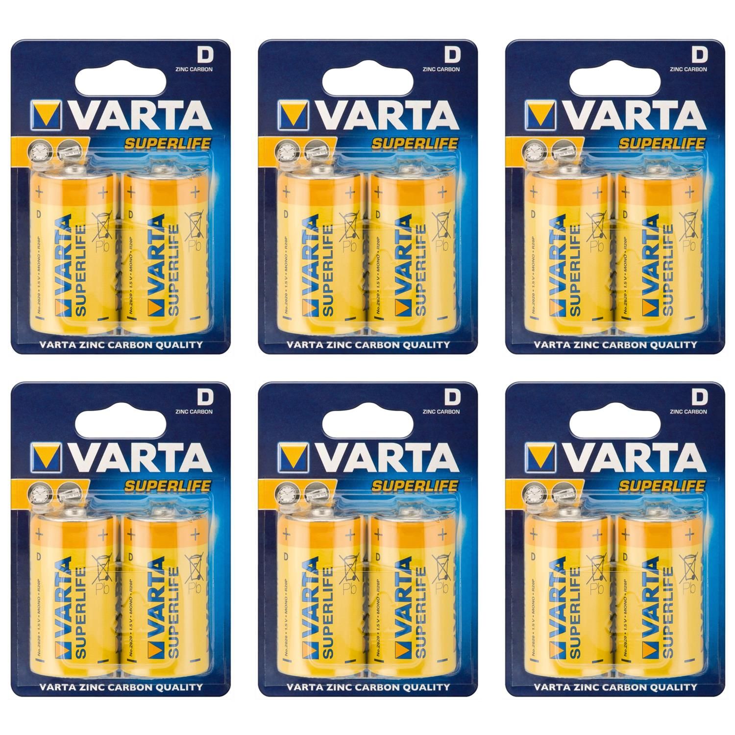 VARTA Lot de 6 Blisters de 2 Piles Salines Superlife 2020 MonoDLR20 1 5V