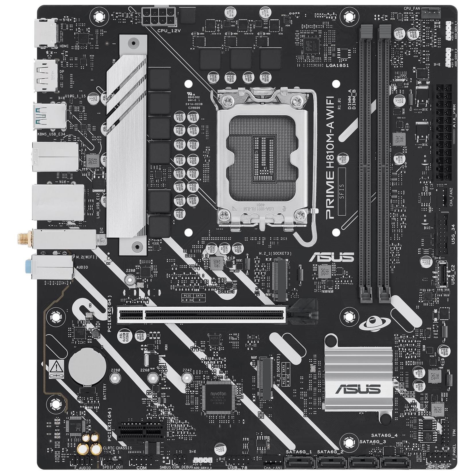 ASUS PRIME H810M-A WIFI - Carte-mère - micro ATX - Socket LGA1851 - H810 Chipset - USB-C 3.2 Gen 1, USB 3.2 Gen 2, USB 3.2 Gen 1 - Gigabit LAN, Wi-Fi 6, Bluetooth - carte graphique embarquée...