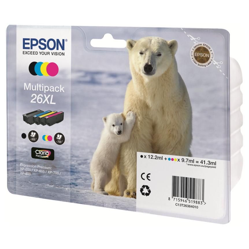 Epson 26XL Multipack - Pack de 4 - XL - noir, jaune, cyan, magenta - original - emballage coque avec alarme radioélectrique/ acoustique - cartouche d'encre - pour Expression Premium XP-510, 520... Epson 26XL Multipack - Pack de 4 - XL - noir, jaune, cyan, magenta - original - emballage coque avec alarme radioélectrique/ acoustique - cartouche d'encre - pour Expression Premium XP-510, 520...