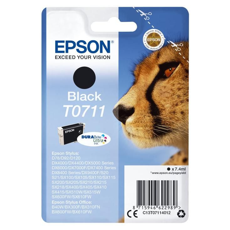Epson T0711 - 7 ml - noir - original - emballage coque avec alarme radioélectrique - cartouche d'encre - pour Stylus DX4400, DX4450, S20, S21, SX100, SX110, SX115; Stylus Office B40W Epson T0711 - 7 ml - noir - original - emballage coque avec alarme radioélectrique - cartouche d'encre - pour Stylus DX4400, DX4450, S20, S21, SX100, SX110, SX115; Stylus Office B40W