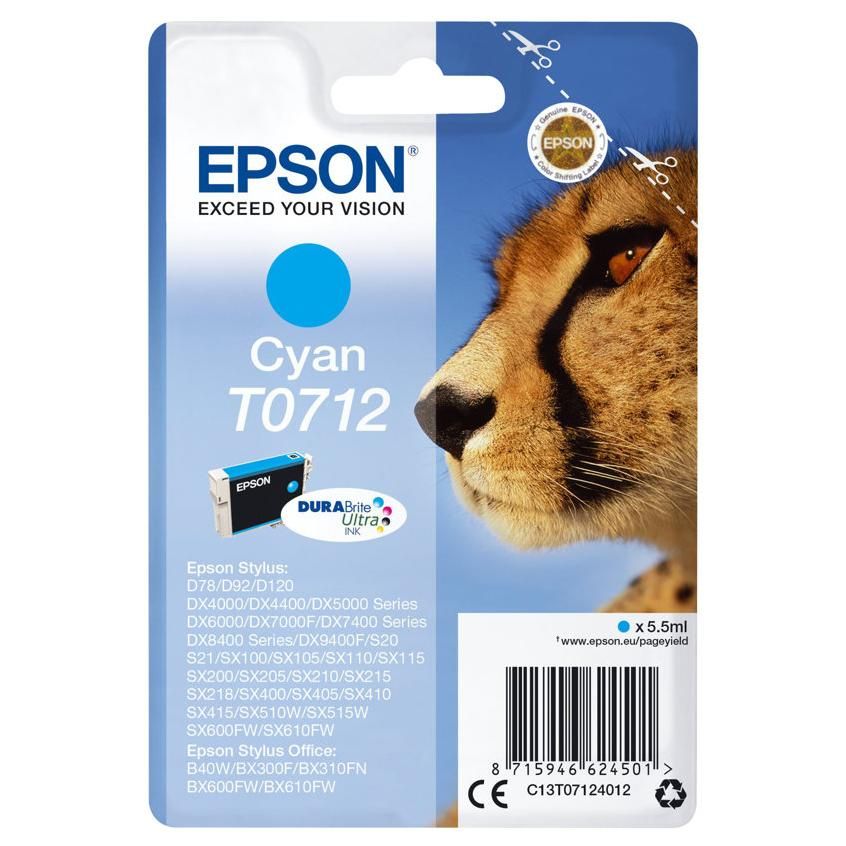 Epson T0712 - 5.5 ml - cyan - original - emballage coque avec alarme radioélectrique/ acoustique - cartouche d'encre - pour Stylus DX9400, SX115, SX210, SX215, SX218, SX415, SX515, SX610; Stylus...