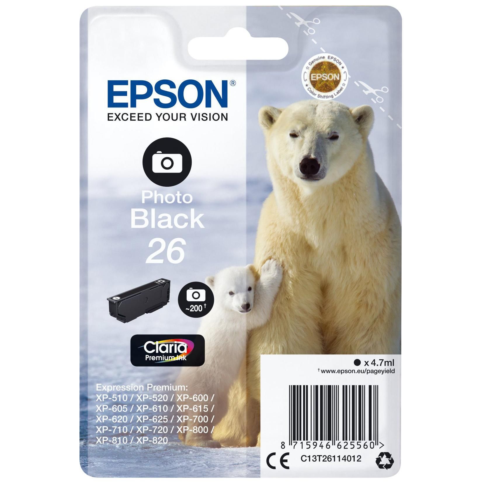 Epson 26 - 4.7 ml - photo noire - original - blister - cartouche d'encre - pour Expression Premium XP-510, 520, 600, 605, 610, 615, 620, 625, 700, 710, 720, 800, 810, 820
