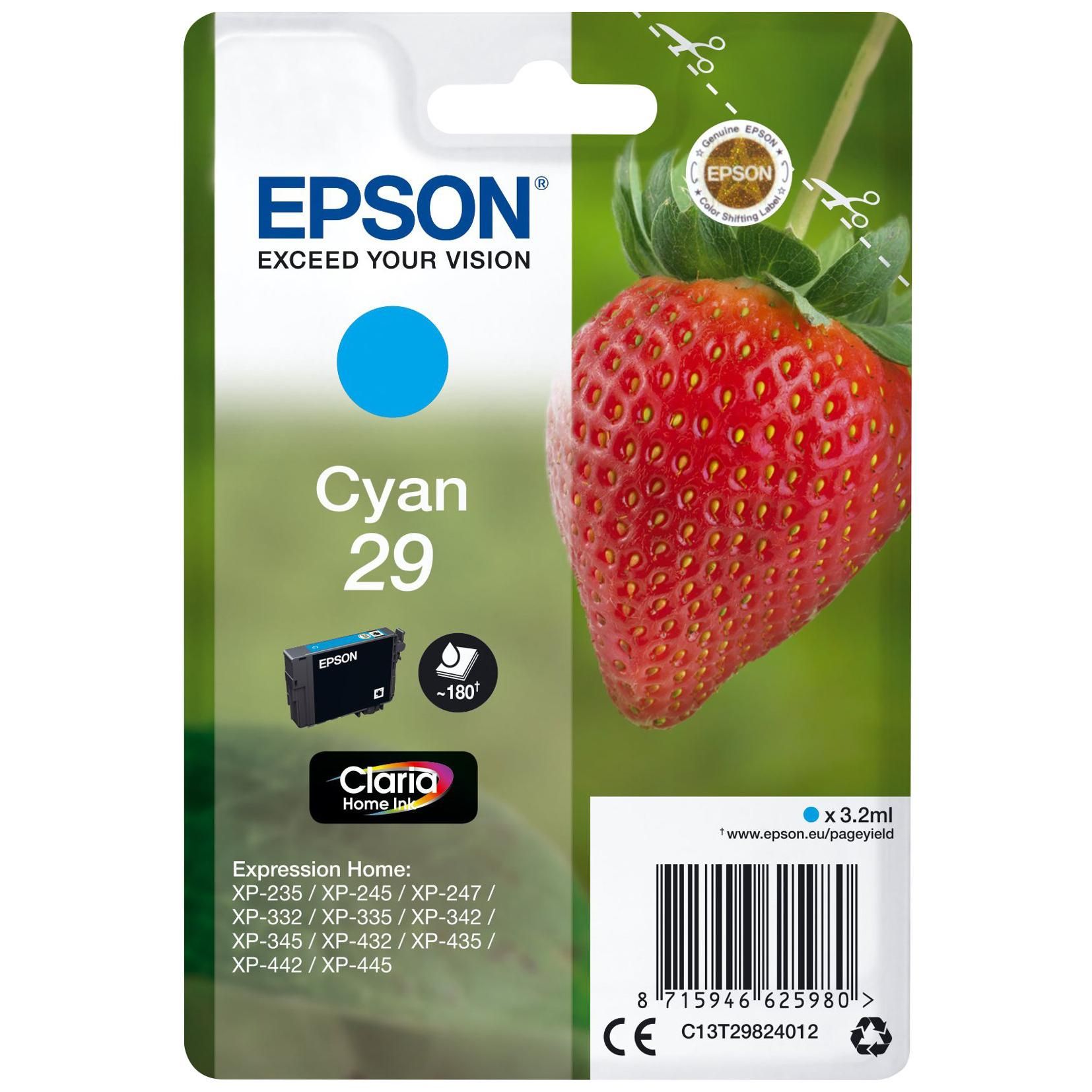 Epson 29 - 3.2 ml - cyan - original - emballage coque avec alarme radioélectrique/ acoustique - cartouche d'encre - pour Expression Home XP-235, 245, 247, 255, 332, 335, 342, 345, 432, 435, 442...