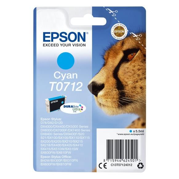 Epson T0712 - 5.5 ml - cyan - original - cartouche d'encre - pour Stylus DX9400, SX115, SX210, SX215, SX218, SX415, SX515, SX610; Stylus Office BX310, BX610