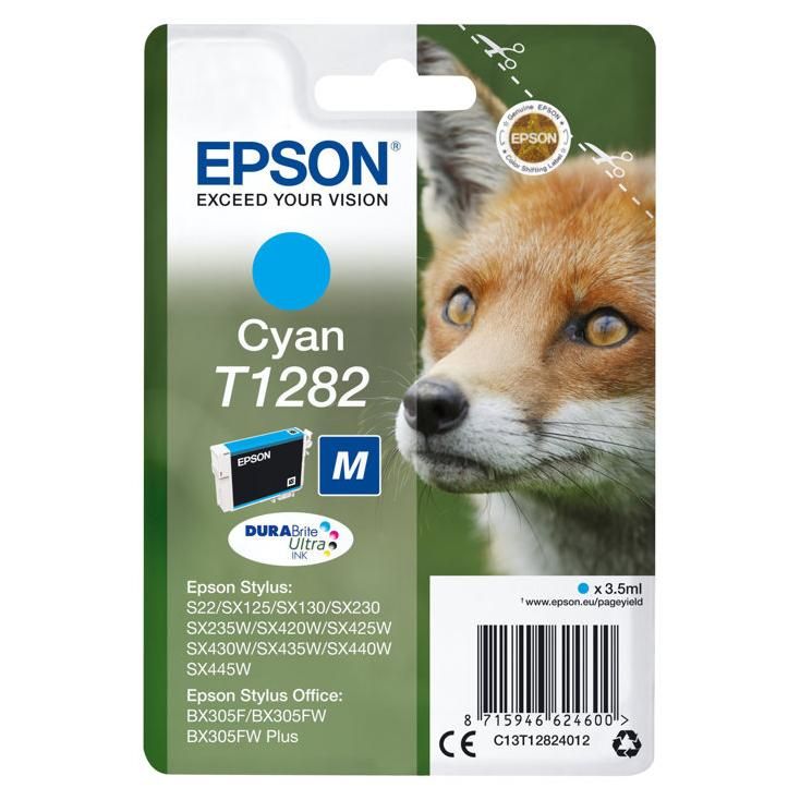 Epson T1282 - Taille M - cyan - original - emballage coque avec alarme radioélectrique/ acoustique - cartouche d'encre - pour Stylus S22, SX230, SX235, SX420, SX430, SX435, SX438, SX440, SX445;...