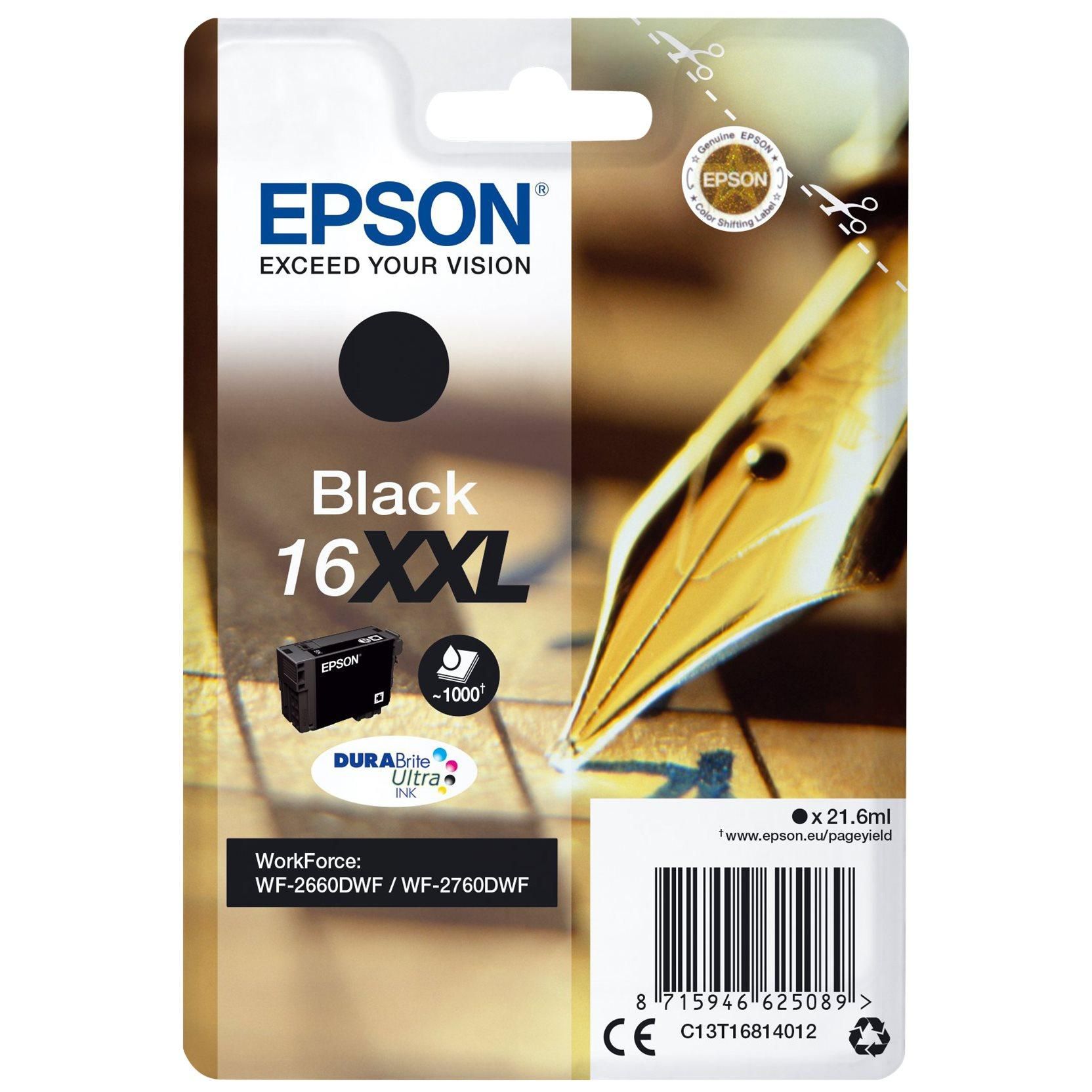 Epson 16XXL - 21.6 ml - XL - noir - original - emballage coque avec alarme radioélectrique/ acoustique - cartouche d'encre - pour WorkForce WF-2660DWF