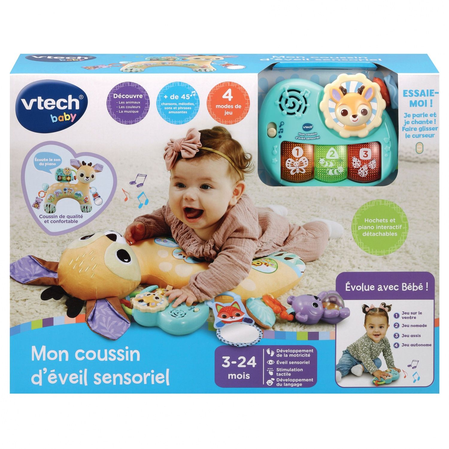 VTech Mon Coussin d'Éveil Sensoriel Coussin de Jeu Musical et Évolutif Jouet d'Activité et de Développement Piano Lumineux Hochets Cadeau de Naissance Bébé Dès Contenu en Français - vue 2
