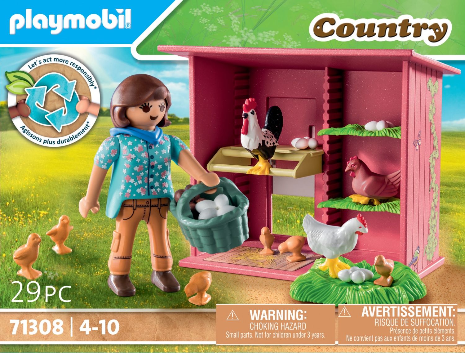 Playmobil 71308 Agricultrice et poulailler Country avec Un Personnage Un poulailler et des Animaux Gamme Ferme avec Plus de 80% de matériaux recyclés ou biosourcés en Moyenne Dès