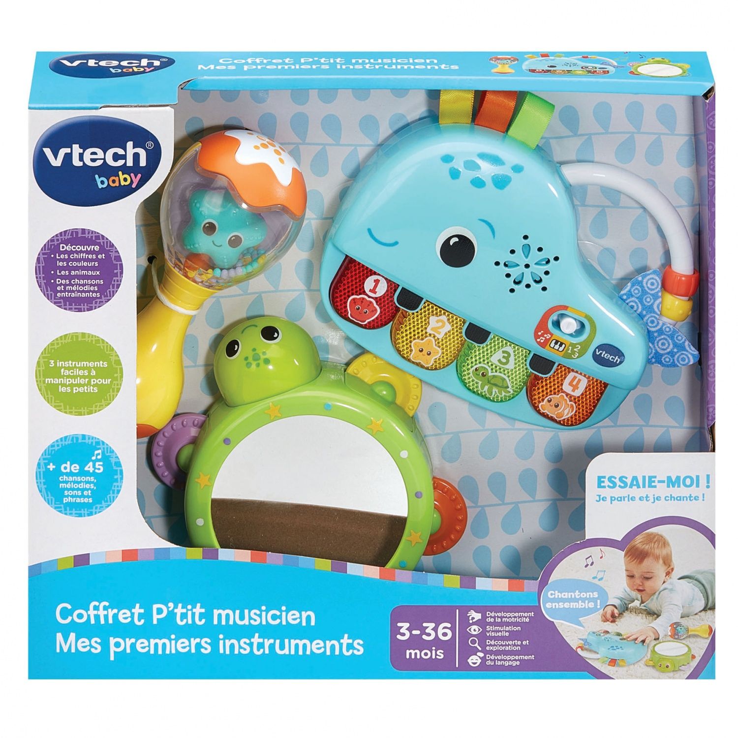 VTech Coffret P’tit Musicien Mes Premiers Instruments Premiers Jouets Bébé Piano Lumineux et Interactif Tambourin Miroir et Hochet Maracas Cadeau de Naissance Contenu en Français - vue 9